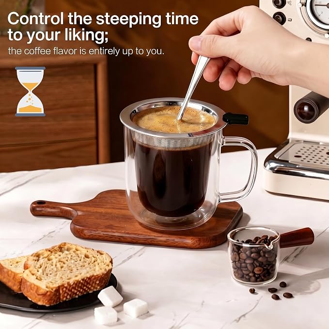 Pour Over Coffee Maker with glass Cup, 2-in-1 Immersion & drip coffee maker, Stainless Steel reusable coffee filter, Fits 3.3–4 Inch Cups, manual coffee brewer for Home Office Travel
