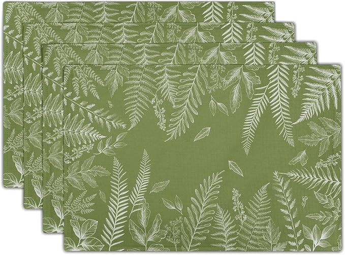Spring Wild Fern Leaf Plants Placemats Set of 4, 12 x 18 Inch Green Place Mats Washable Kitchen Dining Linen Table Mats for Dining Table Kitchen Decoration