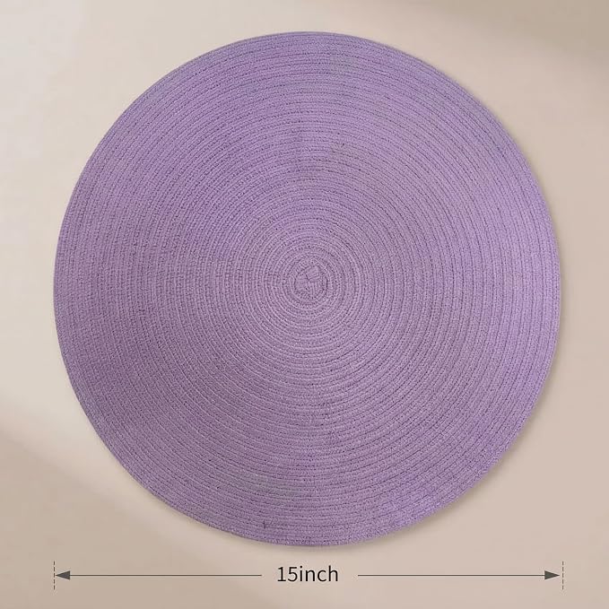FunWheat Round Braided Placemats Set of 8 Place mats for Dining Tables Woven Heat Resistant Table Mats 15 inch (Light Purple,8pcs)