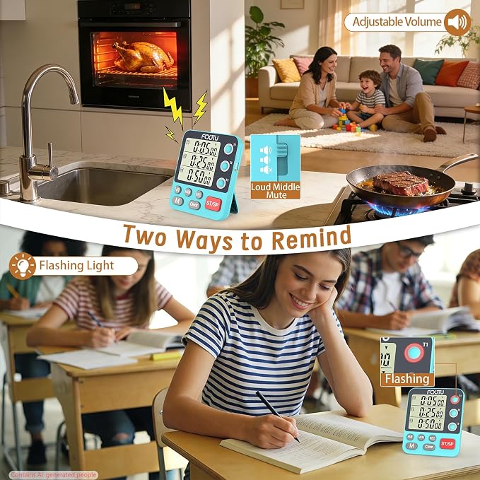 Digital Dual Kitchen Timer, Multi-Channel Magnetic Countdown for Cooking | 3Groups Triple Independent Countup Food Timer, Memory Presets, Large Display, Loud Alarm & Mute, 3A Battery & Stand Included