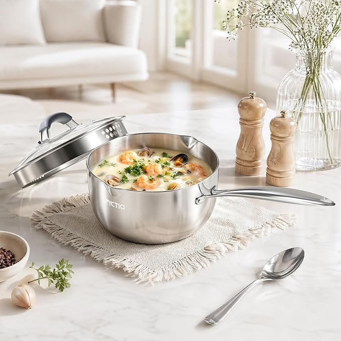 Tri-Ply Stainless Steel Sauce Pan, 2.5 Qt Saucepan with Strainer Lid | Non-Toxic, Dual Pour Spouts, Measurement Mark, Compatible All Cooktops, Anti-Scald Handle, Oven Safe 500°F, Dishwasher Safe