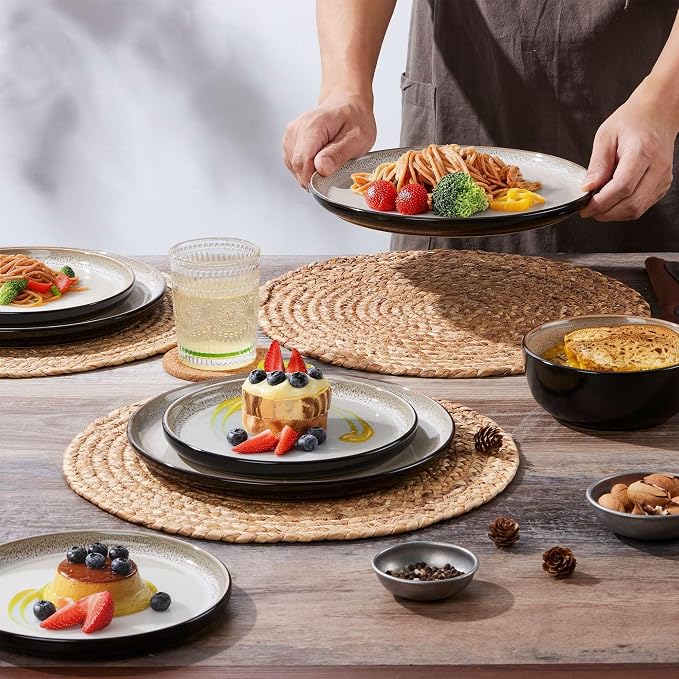 LIANYU Ceramic Dinnerware Set, 12 Piece Plates and Bowls for 4, Tidal Khaki | Porcelain Ceramic Dishes Set, Dishwasher & Microwave Safe Stoneware, Chip and Scratch Resistant Kitchen Dishware Set