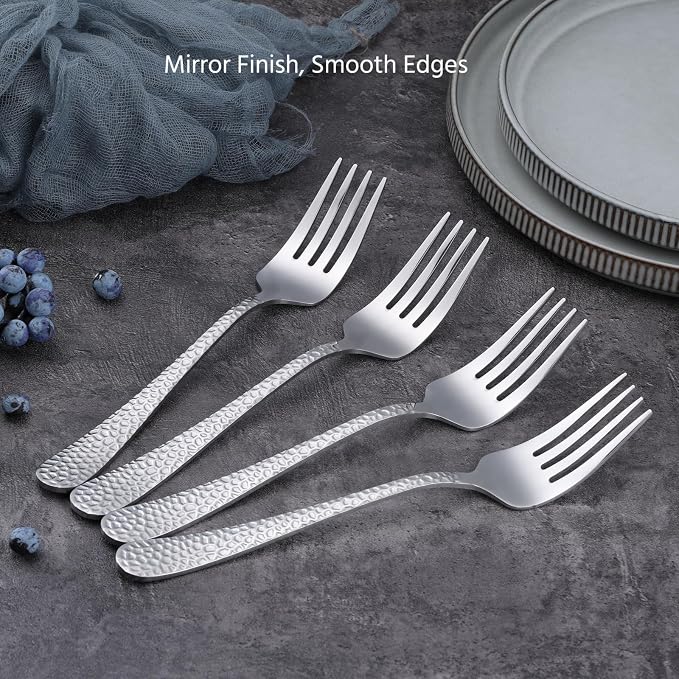 E-far Hammered Serving Forks, 4-Piece Stainless Steel Hostess Serving Utensils Set for Meat Catering Buffet Party Kitchen Restaurant, Non-toxic & Dishwasher Safe