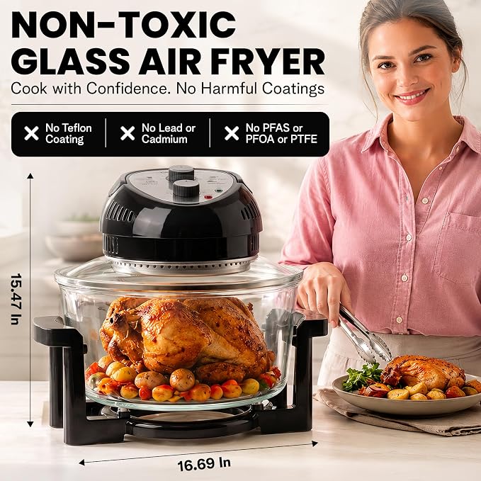 Granitestone 16 Qt Large Glass Air Fryer Non Toxic, Black | PFOA/PTFE/BPA Free, Large Family Sized Airfryer Cooker with 3 Cooking Sections, No Preheat, Self Cleaning, Dishwasher Safe