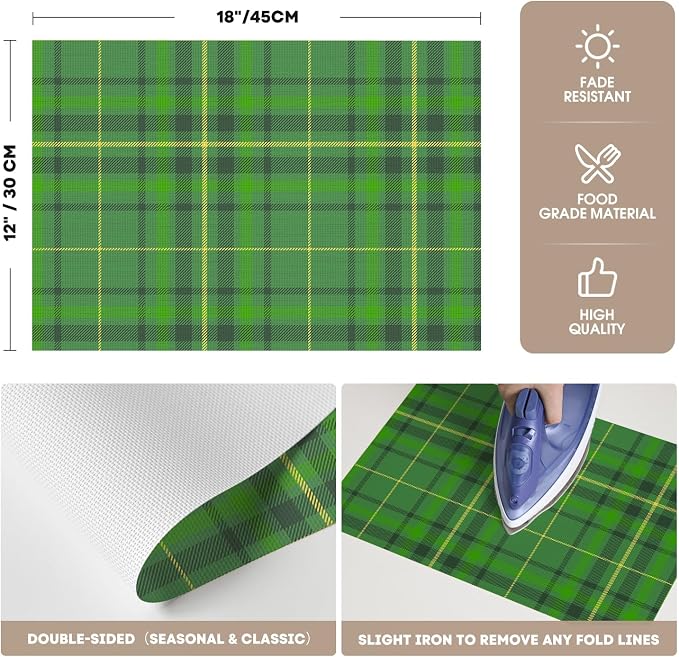 Artoid Mode Green Striped Check St. Patricks Day Vinyl Placemats Set of 4, Heat Resistant Non-Slip Woven Plastic PVC Place Mats for Party Kitchen Dining Decor