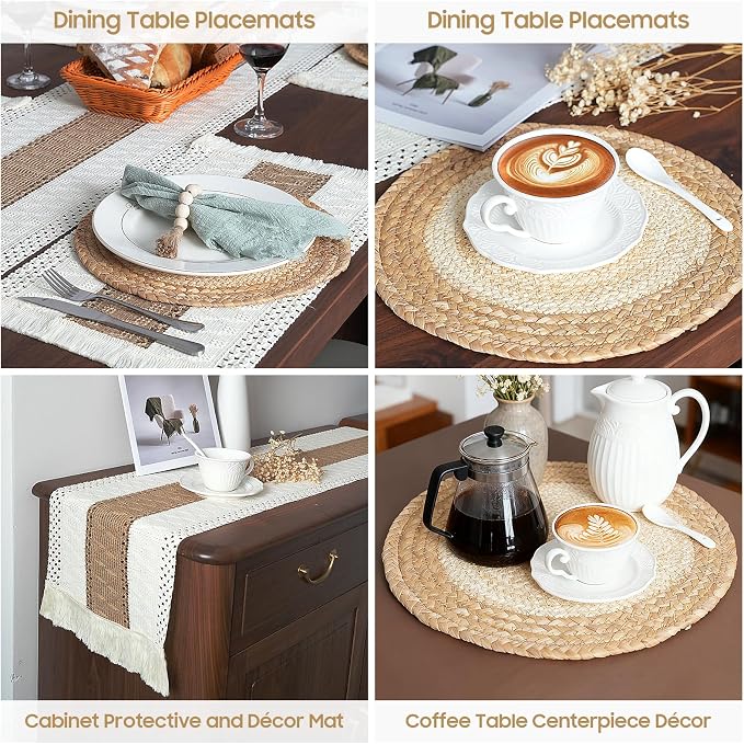Handmade Boho Placemats Set of 6 - Natural Cotton Burlap and Water Straw Woven Combination Table Mats, Macrame Décor and Farmhouse Style Placemats, for Dining Table Kitchen