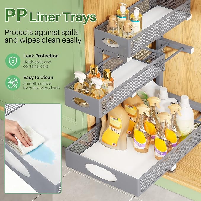 Kitstorack Under Sink Organizer 3-Tier Slide Out Drawer 1-Pack Grey | Height Adjustable, Metal Mesh Storage Rack, Pull out Cabinet Organizer Shelf for Bathroom Kitchen Pantry Home Organization