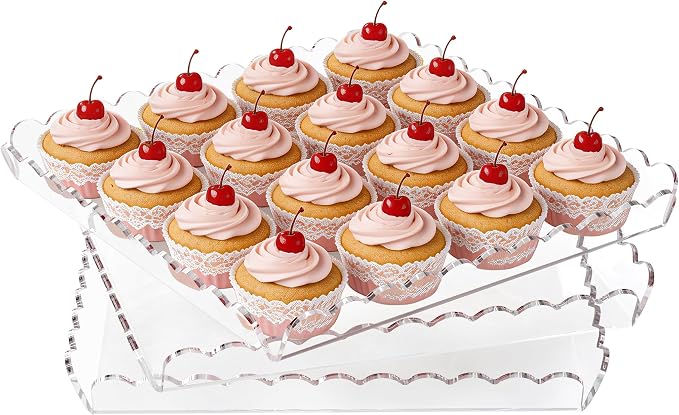 3 Pack Acrylic Serving Trays for Party, 11.6 x 11.6 Inch Clear Scalloped Serving Platters for Dessert Coffee Tea, Square Acrylic Plates for Cupcake Catering Fruit Trays for Event Party Supply Home Table Decor