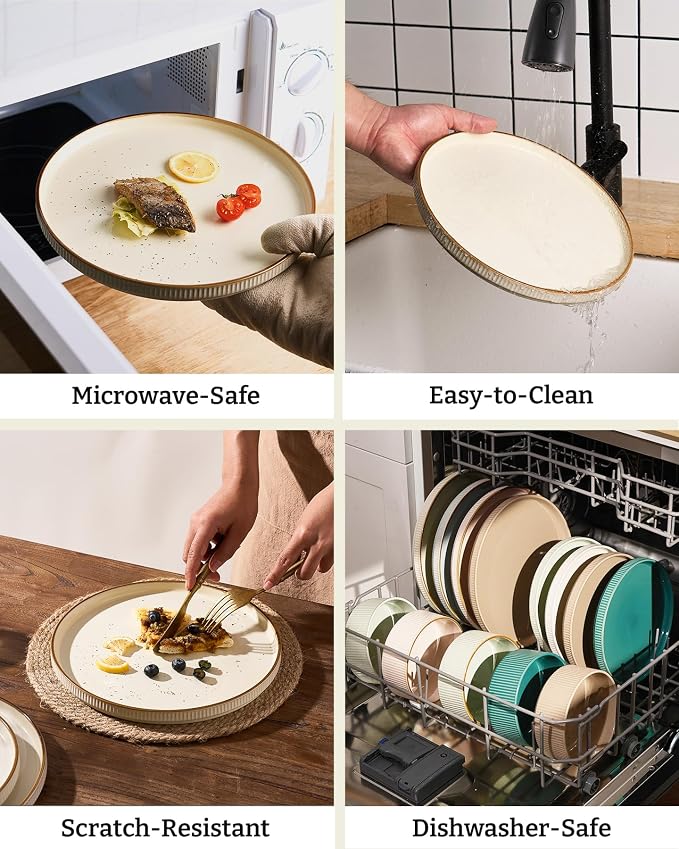 Famiware Star Stoneware Dinnerware Sets with Pasta Bowls, 16pc Dishes for 4 | Ceramic Plates and Double Bowls with Rim. Chip & Scratch Resistant. Microwave & Dishwasher Safe, Everyday & Formal Use, Cream
