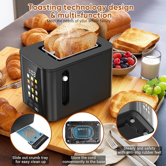 Touch Screen Toaster 2 Slice Black Toaster with Digital Countdown Wide Slot LCD Display 2 Slice Toasters Smart Toasters 6 Shade Settings 6 Bread Type with Reheat/Add Time/Defrost/Cancel Function