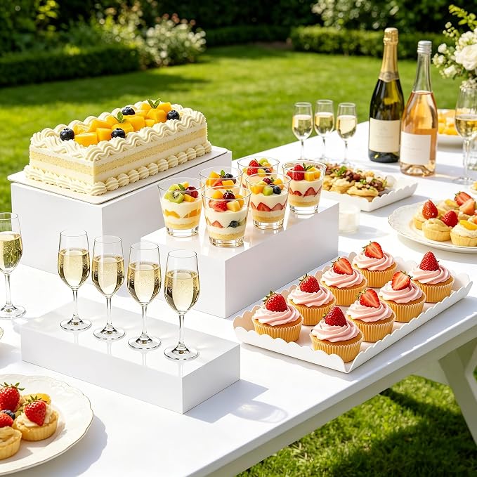 Buffet Risers, 4PCS Glossy White Acrylic Food Risers for Party Table, Rectangle Display Riser Stand with Hollow Box for Dessert Catering Drink Supply, Scalloped Acrylic Serving Tray for Cupcake
