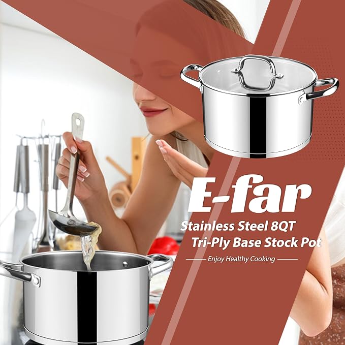 E-far Stainless Steel Stock Pot, 8 Quart Tri-ply Base Cooking Pot with Glass Lid, Induction Soup Pot Compatible with All Stoves, Nontoxic & Thick Bottom, Oven & Dishwasher Safe