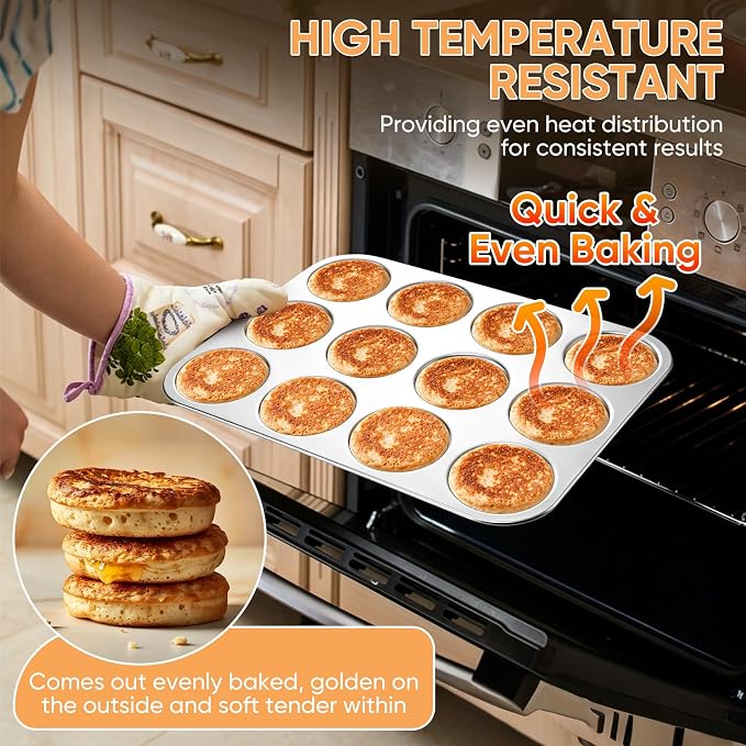 TeamFar Muffin Top Pan, 12 Cavity Stainless Steel Shallow Cupcake Pan | Muffin Tin for Baking Yorkshire Pudding, Whoopie Pie, Egg Bite, Hamburger Bun, Non Toxic & Dishwasher Safe
