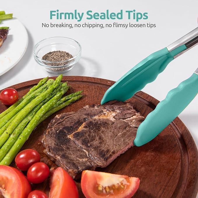 U-Taste Kitchen Tongs for Cooking, 600ºF Heat-Resistant Tps, 2Pcs/Aqua Sky | Silicone Tong Set 9/12in, Salad/Grill/BBQ Plastic Tong for Food Serving, Rubber Tipped Tong with 18/8 Stainless Steel Handle