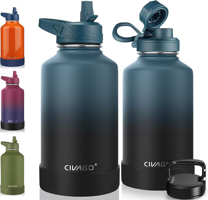 CIVAGO 64 oz Insulated Stainless Steel Water Bottle With Straw and 3 Lids | Half Gallon Large Metal Water Jug, Big Leakproof Reusable Wide Mouth Thermal Flask with Silicone Boot, BPA-Free, Indigo Black