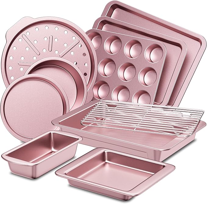 Bakeware Sets, Baking Pans Set, Nonstick Oven Pan for Kitchen with Wider Grips, 10-Piece Including Rack, Cookie Sheet, Cake Pans, Loaf Pan, Muffin Pan, Pizza Pan - Pink
