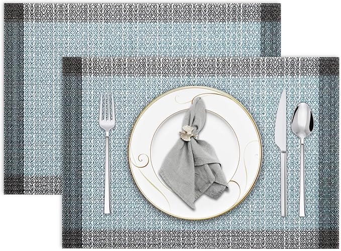 Blue Grey Ethnic Boho Placemats Set of 2, 12x18 Inch Linen Burlap Washable Durable Art Table Mats for Holiday Party Kitchen Dining Room Decoration