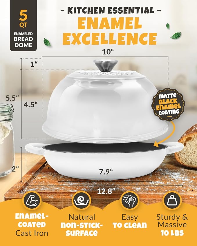 5 QT Enameled Dutch Oven for Bread Baking with Lid & Starter Kit | Dutch Oven for Sourdough Bread Baking, Enameled Cast Iron, Banneton, Bread Sling, Lame, Dough Whisk & Step-by-Step Guide