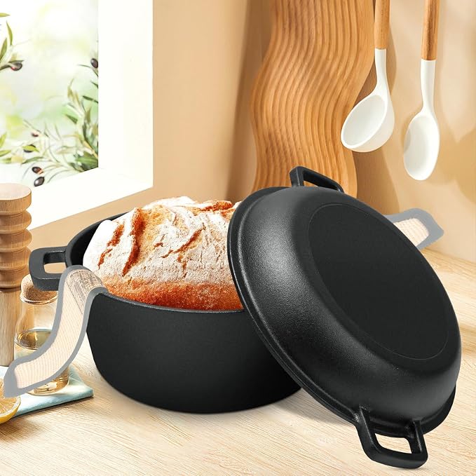 5 Qt Cast Iron Dutch Oven for Sourdough Bread Baking, Sourdough Dutch Oven | 2-in-1 lid doubles as a skillet; complete baking tools included for bread, stewing, searing, frying and outdoor cooking