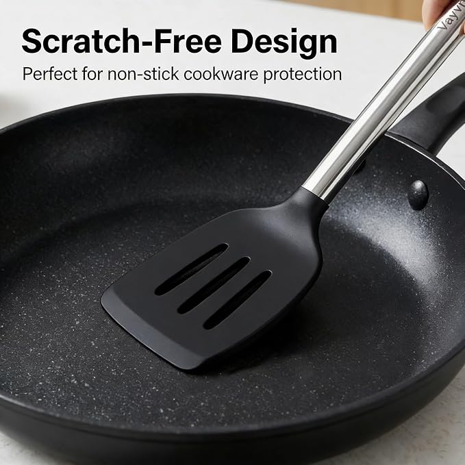 Vayvnt 4 Pieces Silicone Kitchen Utensils Set for Nonstick Cookware, Black | Spatula and Spoon Set, Heat Resistance, Non Toxic, Silicone Utensils for Cooking, Stainless Steel Handle, Dishwasher Safe