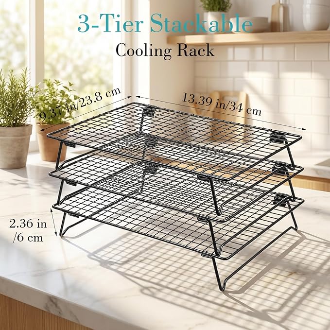 Kifmurase 3-Tier Stackable Baking Racks Cooling Carbon Steel Wire Rack | 13.39 x 9.37 Inch, with Folding Legs, for Cookie Cake Pizza, Multi-Use Oven Rack, for Cooking, Roasting, Drying