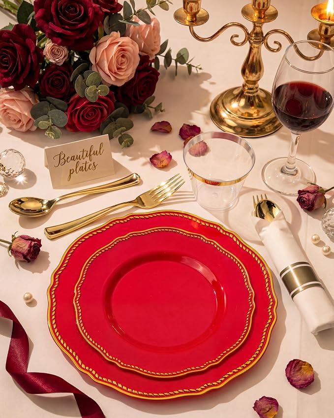350 Pcs Red Gold Plastic Plates Wedding & Party | Red Plastic Dinnerware Set Includes 50 Dinner Plates, 50 Dessert Dinnerware, 50 Cups, 50 Pre-rolled Napkins