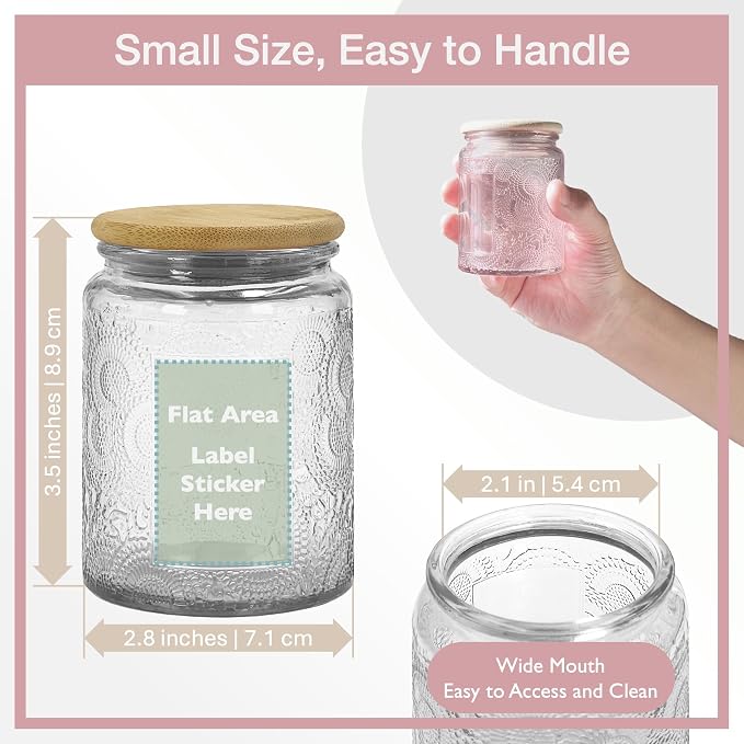 8 oz Decorative Small Glass Jars with Airtight Bamboo Lids, 6 Colors 6 Pack | Vintage embossed color coated containers, kitchen pantry bathroom organization & decor, spices, DIY gifts, candle making