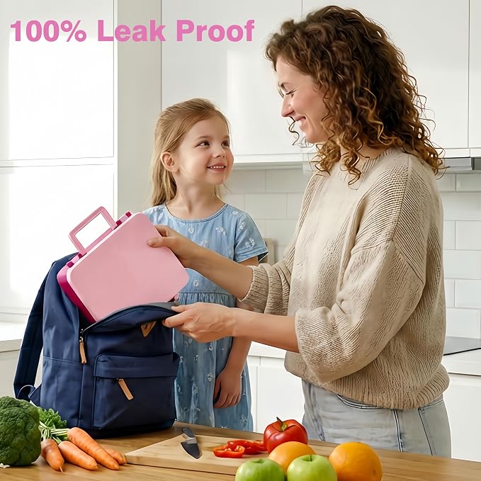 HOMEKOL Bento Lunch Box Set for Kids, Pink | with Stainless Steel Insulated Food Jar, Plastic Water Bottle, Bag and Silicone Spoon and Fork for Boys Girls