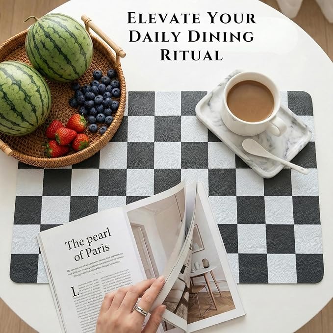 Set of 6 Checkerboard Non-Slip Washable Placemats for Dining Table | Waterproof & Heat-Resistant Faux Leather Mats | Easy Wipe Clean Tablemats for Indoor Dining, 17’’×12’’, Black