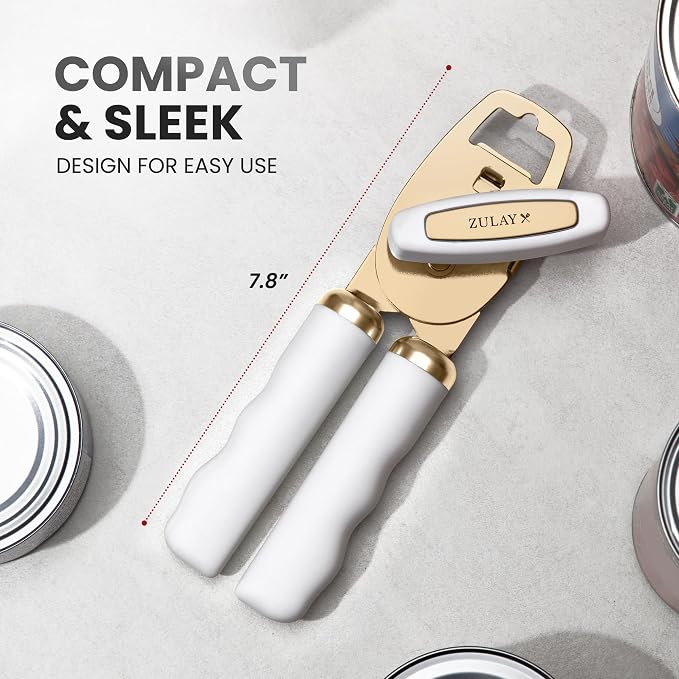 Zulay Kitchen Heavy Duty Stainless Steel Can Opener Manual with Bottle Opener - Rust Proof Manual Can Opener With Turn Knob & Comfy Soft Grip Handles - White & Gold