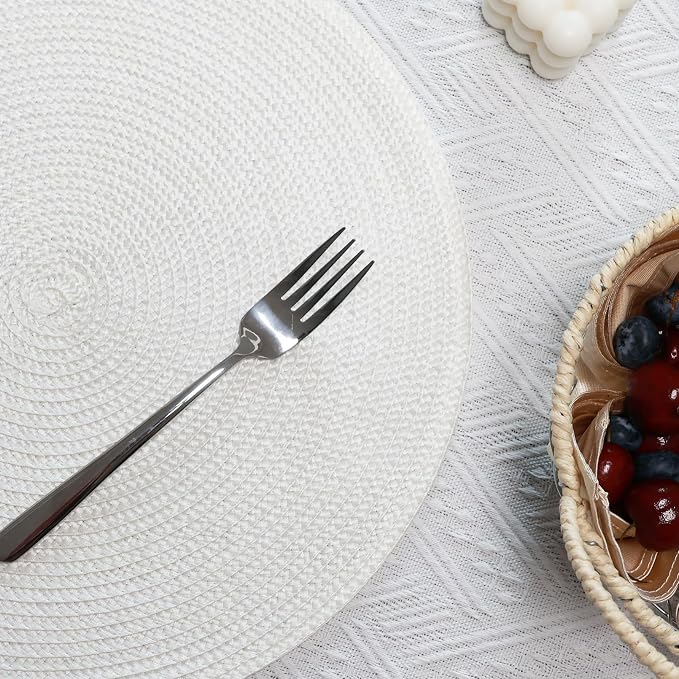 Winknowl 15 Inch Round Braided Placemats Set of 6, Washable Cotton Polyester Table Mats, Heat Resistant Non-Slip Place Mats for Kitchen Dining Table Decor (White,6pcs)