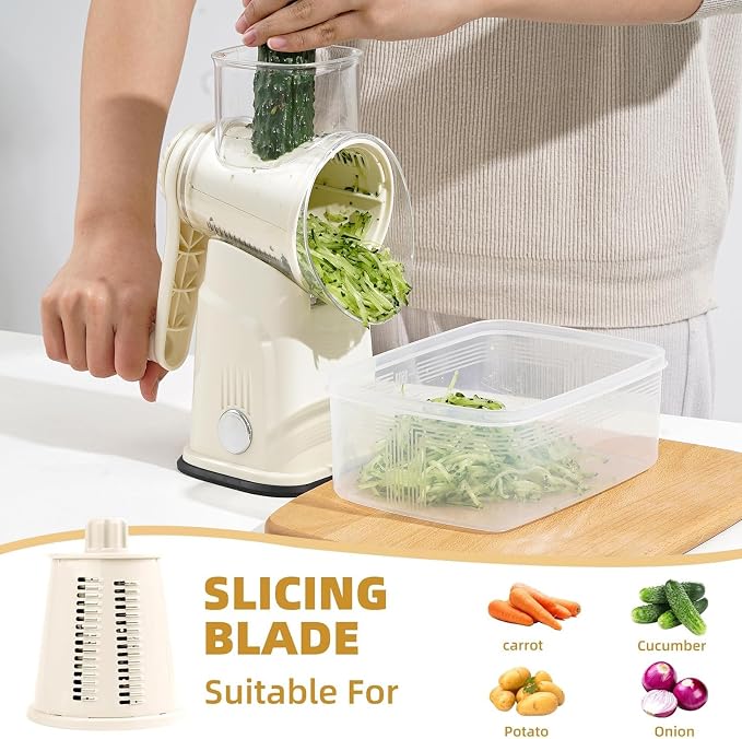 Rotary Cheese Grater with Handle, 5 Replaceable Blades (Beige) | Strong Suction Base, Round Food Slicer & Chopper for Kitchen Fruit Vegetables Nuts with Blade Storage Box