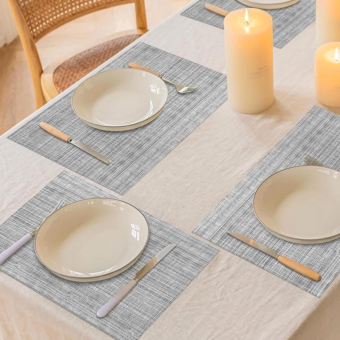 Grey Placemats Set of 4, 12x18 Inch Washable Easy to Clean Heat-Resistant Anti-Skid Grey Placemats for Holiday Party Kitchen Dining Room Decoration