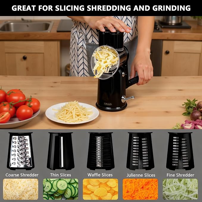 Rotary Cheese Grater with Handle, 5-Blade Cheese Shredder, BPA-Free (Black) | Cheese Grater Hand Crank Slices, Shreds & Grates – Features Strong Suction Base, Stainless-Steel Blades & Easy Clean-Up