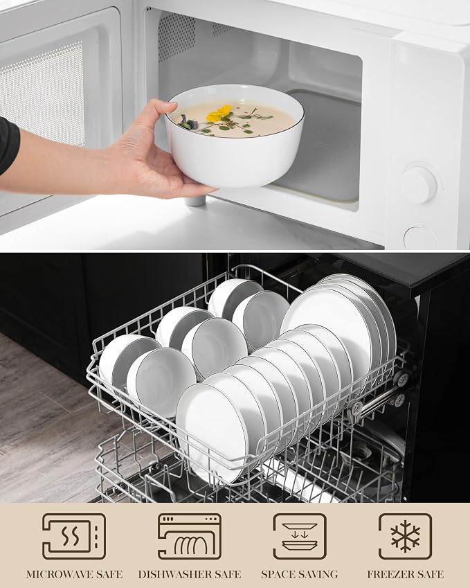 MALACASA 24-Piece Dinnerware Set for 8, White Black-Rim Porcelain Dishes | High-Fired Porcelain, Chip and Scratch Resistant, Microwave and Dishwasher Safe, Dinner, Salad Plates and Cereal Bowls