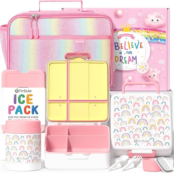 Fimibuke Kids Bento Snack Lunch Box with Thermo Insulated Toddler Lunch Bag | Lunch Box Kids with 4 Compartment, Food Jar, Ice Pack, Utensils, Birthday Gifts for Ages 3-12 Back to School Toddler Girl Boy
