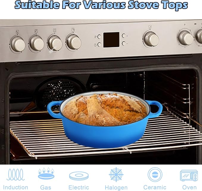 TeamFar Oval Dutch Oven, 5qt Enameled Cast Iron Dutch Oven Pot with Lid | For Bread Baking/Stewing/Braising/Frying, Suitable for Various Stoves, Dual Handles & Easy Cleanup, Blue