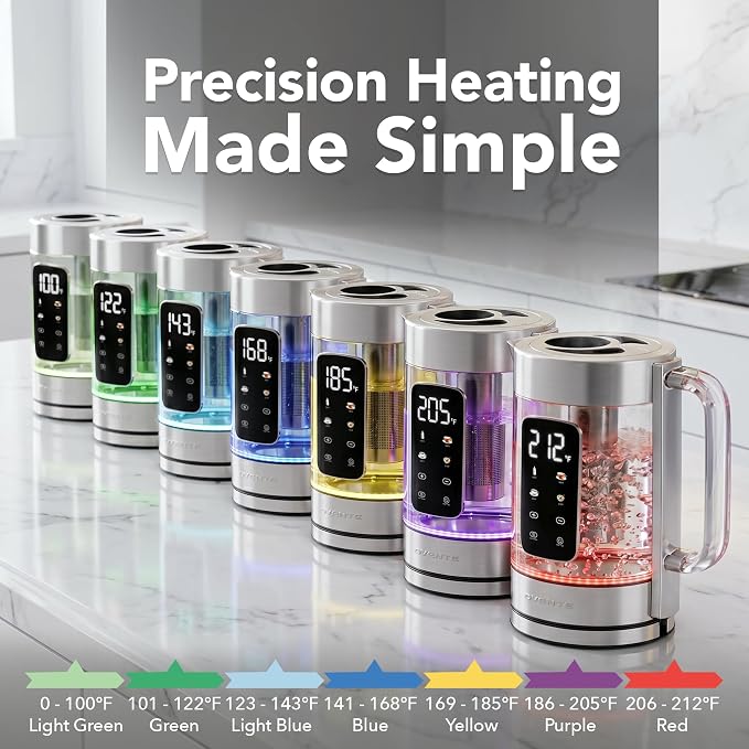 OVENTE 1.7L Glass Electric Kettle with Tea Infuser, Silver KGD913S | 1500W Fast Boiling, Easy Fill Lid, 4 Temperature Control, Double-Wall Cool-Touch Design, Color-Changing LED, Keep Warm