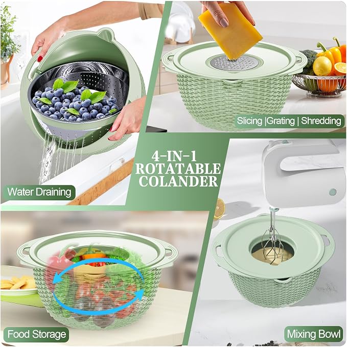 4-1 Colander with Fruit Bowl Set - Colander for Kitchen, Rotatable Strainers and Colanders(Patented), Pasta Strainer with New Upgraded Graters for Fruit, Veggie, Aesthetic Kitchen Essentials - Green