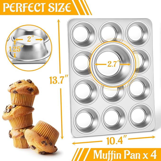 E-far 12-Cup Muffin Pan Set of 6, Stainless Steel Cupcake Pan for Oven | Non-Toxic Metal Muffin Tins for Baking Muffins & Cupcakes, Regular Size & Easy Clean, Dishwasher Safe