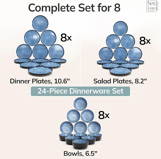 24 Piece Stoneware Dinnerware Set for 8, Handmade Plates and Bowls Set | Reactive Glaze Coating, Dishwasher & Microwave Safe Dish Set, Chip & Scratch Resistant Dishware Set, Dark & Deep Blue
