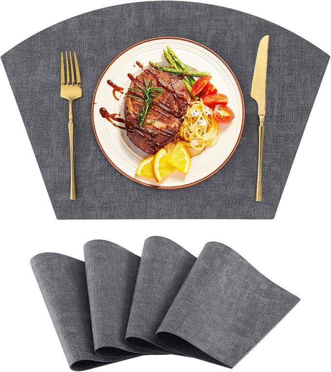 Homaxy Wedge Faux Leather Placemats for Round Table, Set of 4, Dark Grey | Waterproof Wipeable Washable Table Mats, Easy to Clean Anti-Slip Place Mats, 11.8" x 17"