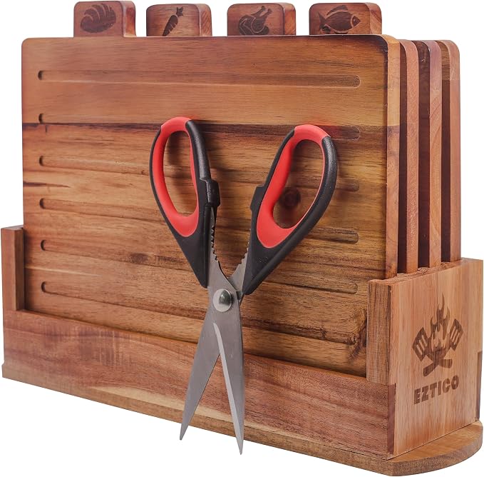 Acacia Wood Cutting Board Set with Scissors and Stand.