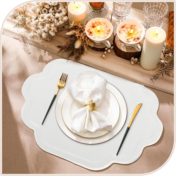 8 Pcs White Cotton Wedding Placemats Scalloped Embroidered Placemats 17" x 13" Double Layered Machine Washable Table Place Mat for Party Table Decor