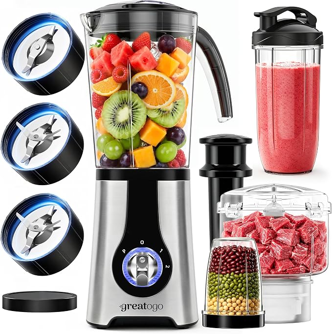 Power Smoothie Blender, Household Countertop Kitchen Blender and Food Processor Combo for Smoothies, Shakes, Drinks, Baby Food, Sauces, and Spreads. Come with Pitcher, Jar, Chopper, and Grinder