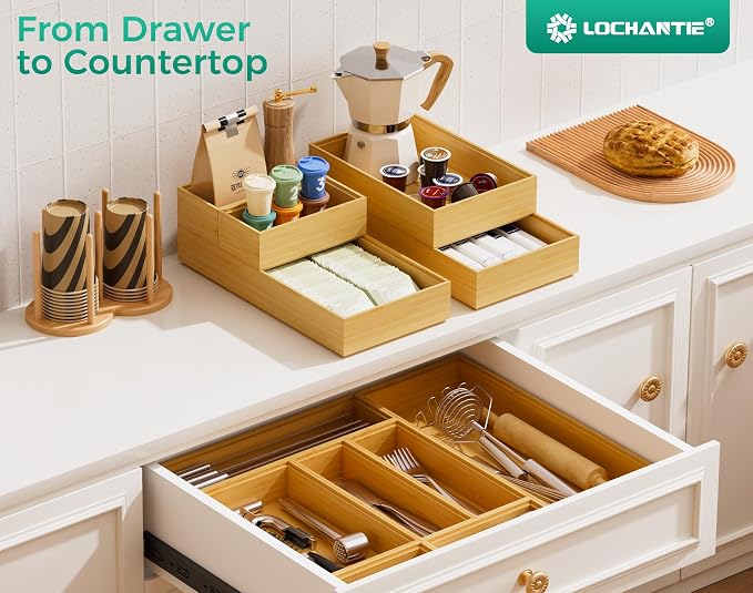 Bamboo Kitchen Drawer Organizer Boxes 9" x 3" Stackable Wooden Organizers | Set of 2 Wood Silverware Utensil Tray for Drawers Bins, Cutlery & Flatware Storage for Junk Drawer, Bathroom, RV