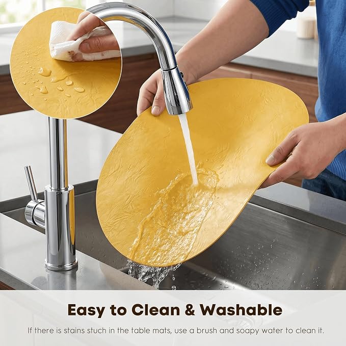 Artoid Mode Yellow Faux Leather Oval Placemats Set of 6, 12 x 18 Inch Waterproof Wipeable Heat Resistant Vinyl Place Mats, Reversible Table Mats for Kitchen Dining Decor
