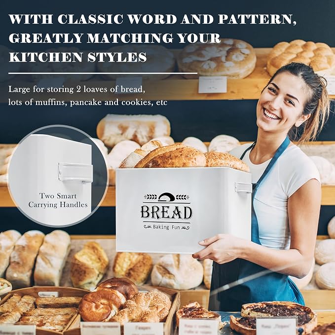 Jolitac Farmhouse Style Bread Box for Kitchen Countertop - Space-Saving Bread Storage Container with Wood Lid | Rustic Vintage Organizer for Small Kitchens & Countertop Gift (12.2”L x7.5”W x8”H)