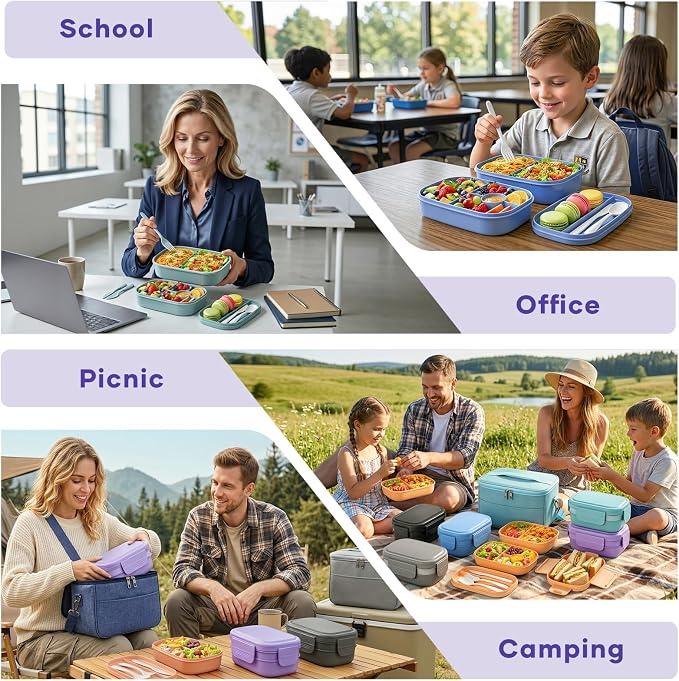 HOMETALL Bento Box Adult with Insulated Lunch Bag - 3 Stackable Leak-Proof Lunch Box Containers for Women & Men - BPA Free Lunchbox with Utensil Set (Spoon, Knife, Fork) for Work, Picnic, Dining Out