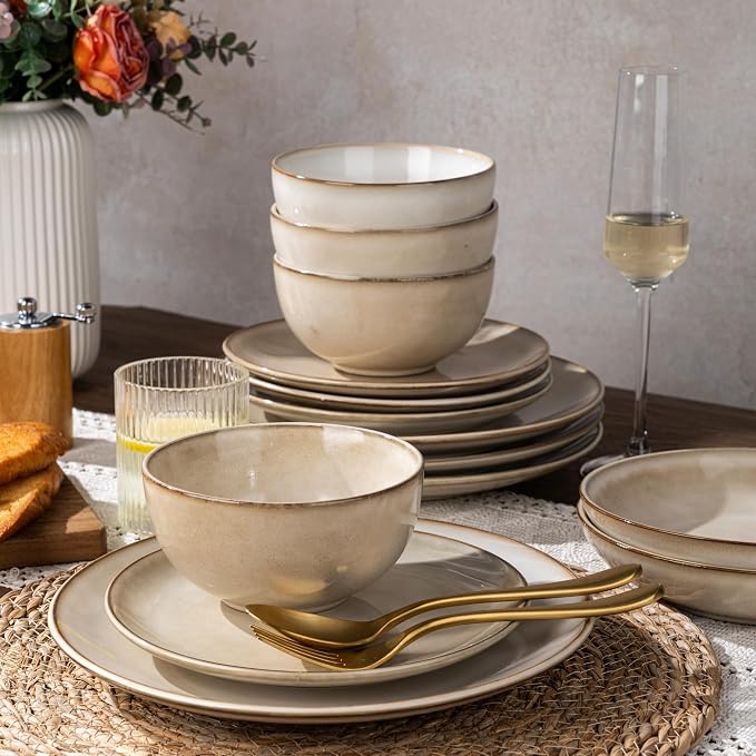 GBHOME Dinnerware Sets for 6, 24 Pieces Ceramic Plates and Bowls Set | Scratch Resistant Stoneware Dishes Set, Dishwasher & Microwave Safe, Reactive Glaze-Cappuccino